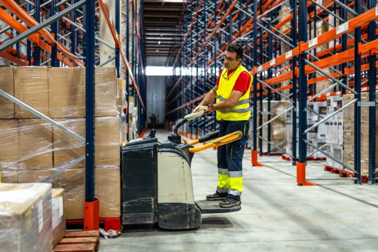 Man transporting pallets with boxes in a warehouse
