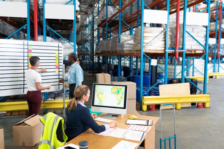 Stock control system in warehouse, workers planning
