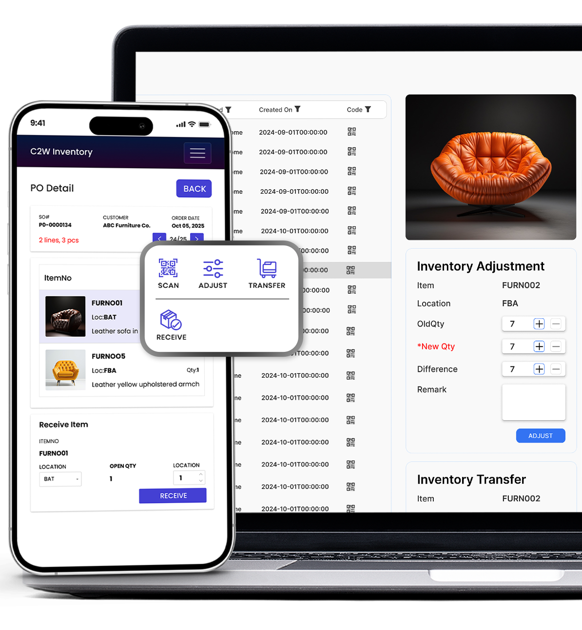 C2W Inventory Android and web app showing barcode scanning and inventory transfer