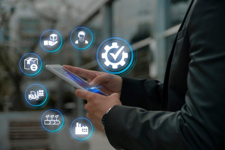 Warehouse manager managing inventory on her mobile phone, seeing real time tracking of stocks and its movement thorugh supply chain automation