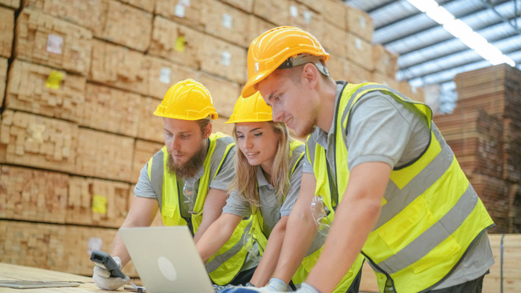 Workers collaborating in a warehouse regarding stockouts and overstocking