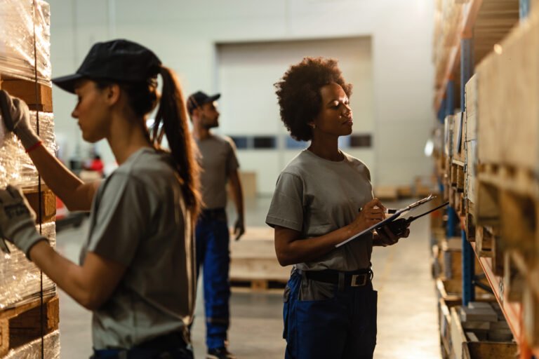 Female African American worker checking stock in a warehouse